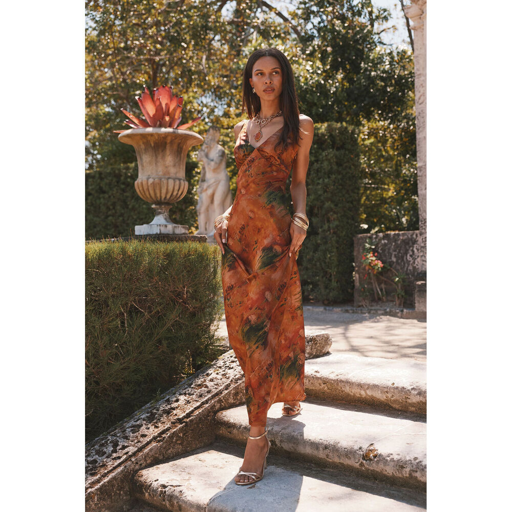 12th Tribe Mirabella Rust Printed Satin Maxi Dress Size MM